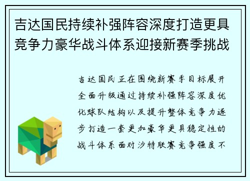 吉达国民持续补强阵容深度打造更具竞争力豪华战斗体系迎接新赛季挑战 吉达国民持续补强阵容深度打造更具竞争力豪华战斗体系迎接新赛季挑战